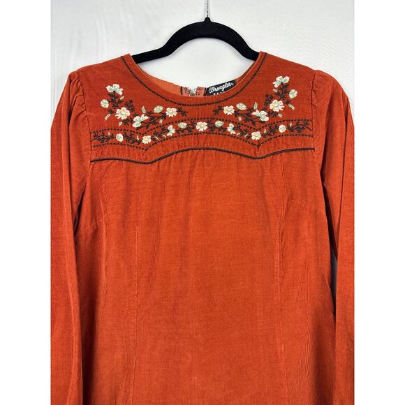 Wrangler Retro Embroidered Corduroy Dress S Rust Orange Long Sleeve - Picture 2 of 5